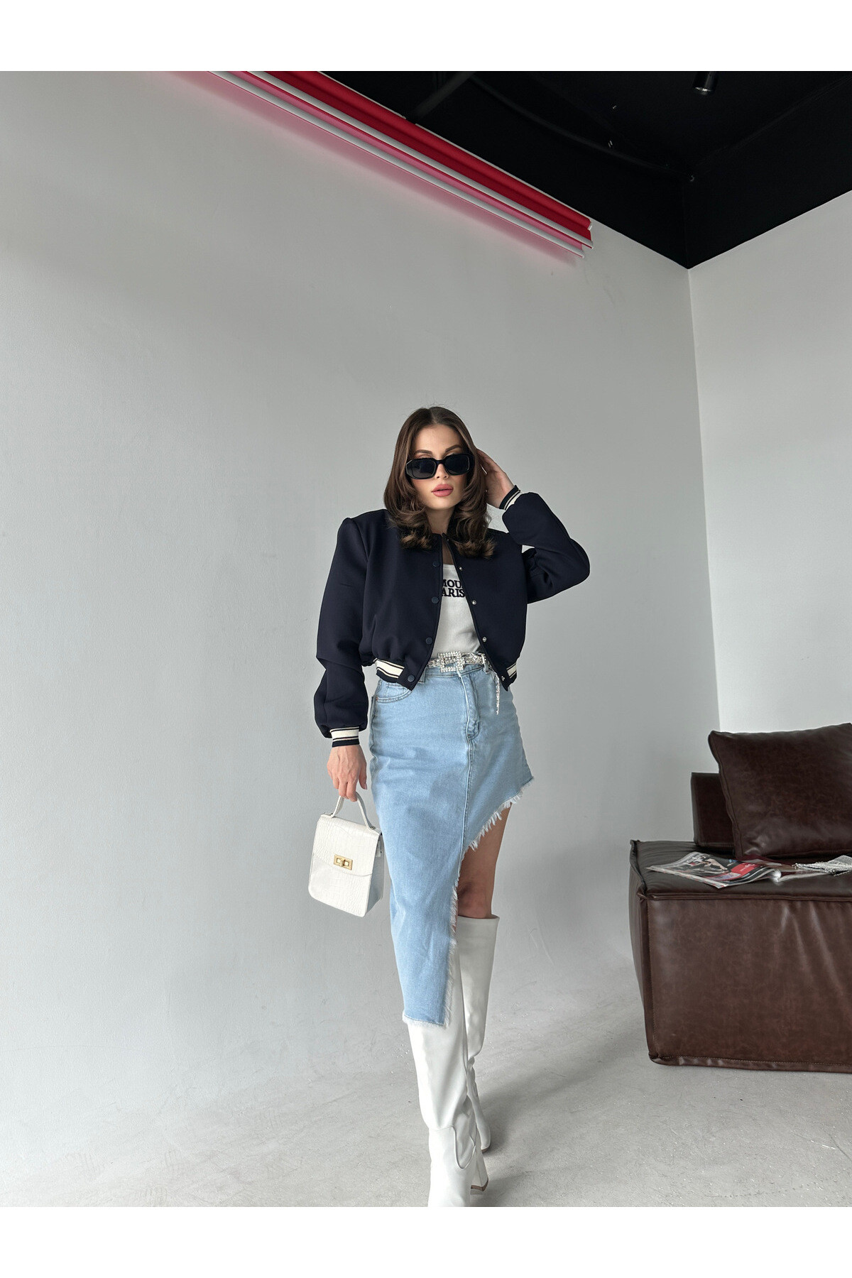 Kadın Orjinal Marka Yandan Yırtmaçlı Denim Etek  Buz Mavi