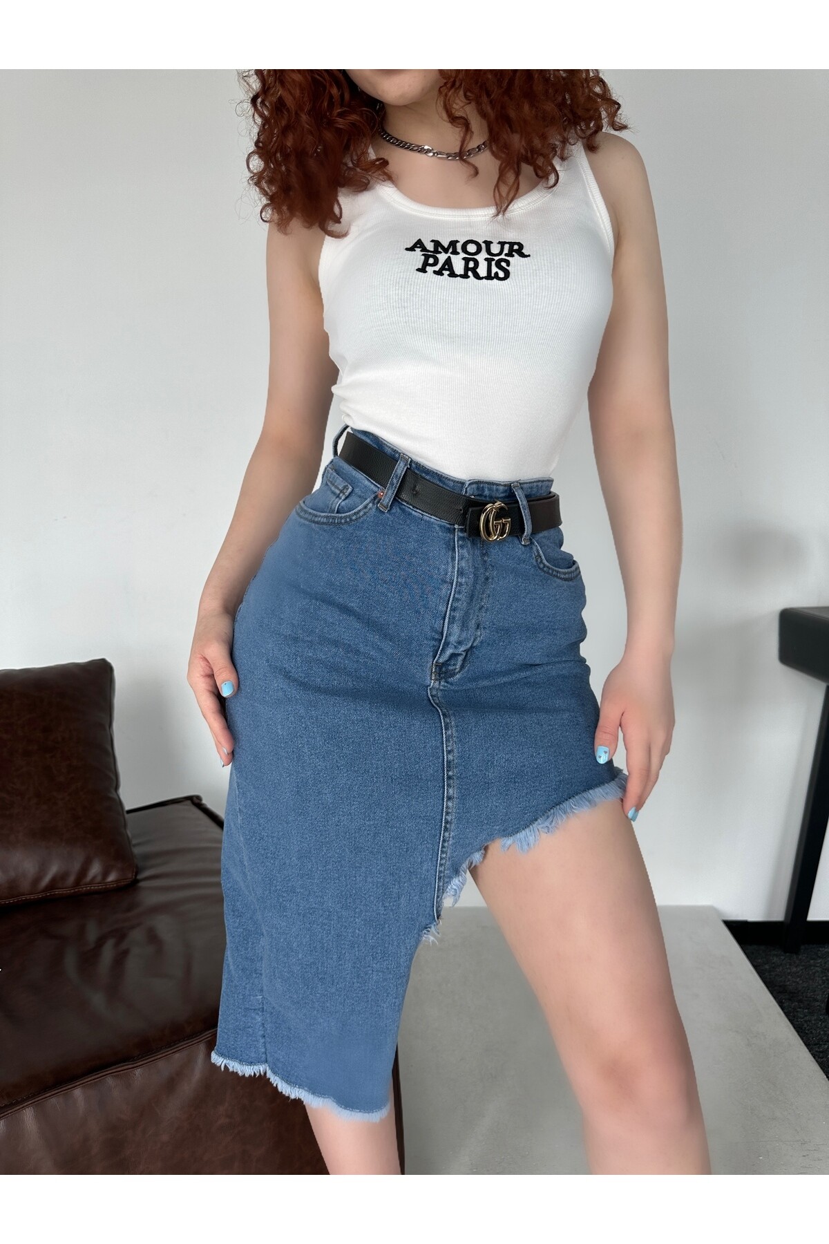 Kadın Orjinal Marka Yandan Yırtmaçlı Denim Etek  Koyu Mavi