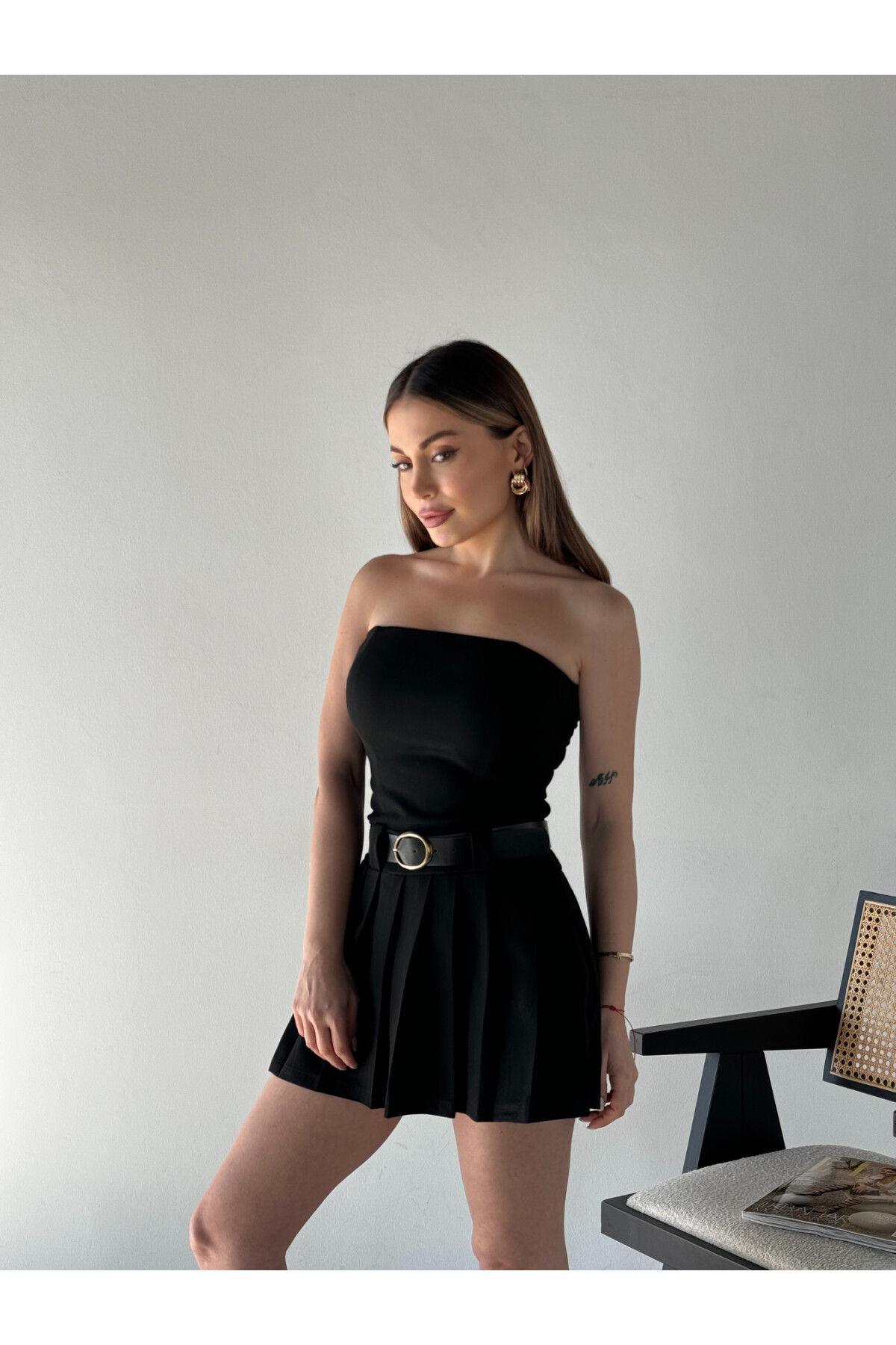 Kadın Orjinal Marka Zra Model Pileli Kemerli Şortlu Etek Straplez Elbise