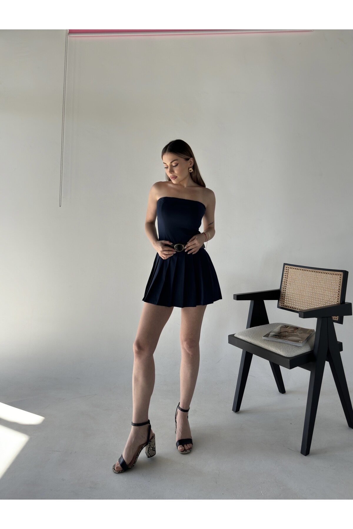 Kadın Orjinal Marka Zra Model Pileli Kemerli Şortlu Etek Straplez Elbise Lacivert