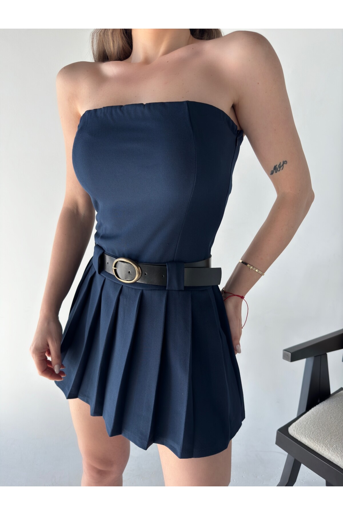 Kadın Orjinal Marka Zra Model Pileli Kemerli Şortlu Etek Straplez Elbise Lacivert