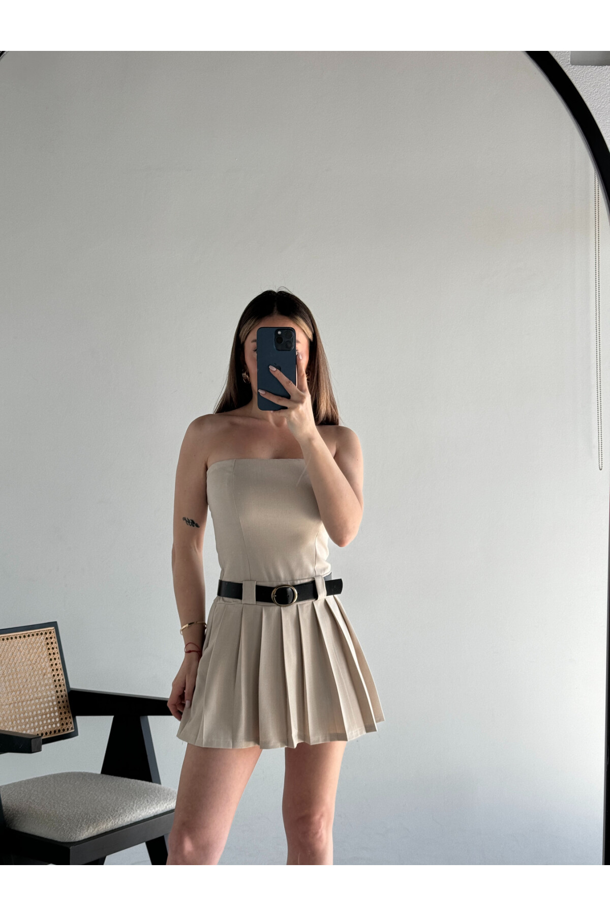 Kadın Orjinal Marka Zra Model Pileli Kemerli Şortlu Etek Straplez Elbise Krem