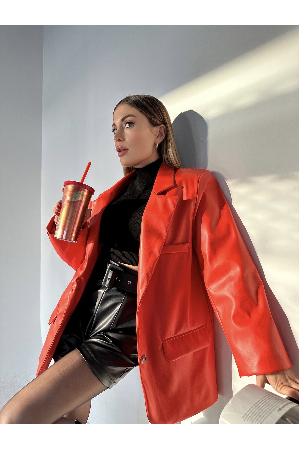 Kadın Oversize Astarlı Deri Blazer Ceket  Turuncu