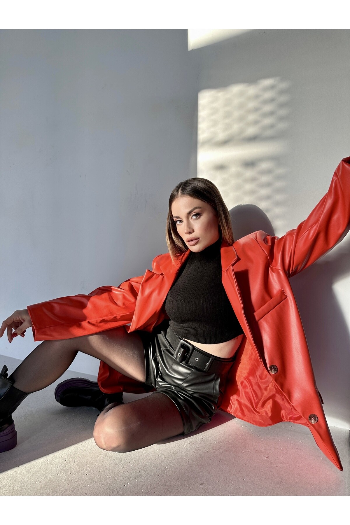 Kadın Oversize Astarlı Deri Blazer Ceket  Turuncu