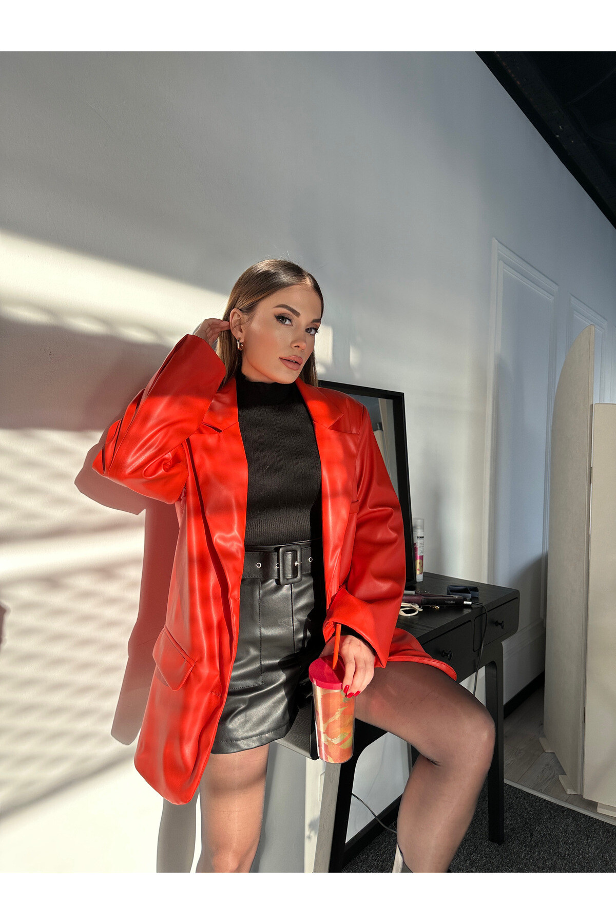 Kadın Oversize Astarlı Deri Blazer Ceket  Turuncu