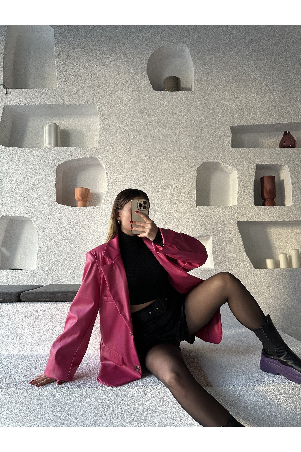 Kadın Oversize Astarlı Deri Blazer Ceket Pembe