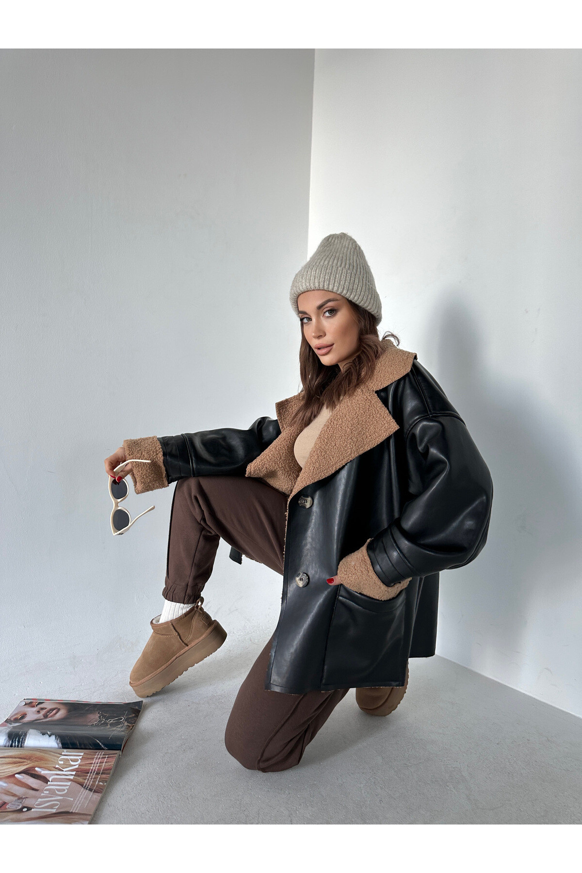 Kadın Oversize İçi Ful Teddy Kürklü Deri Kaban Siyah