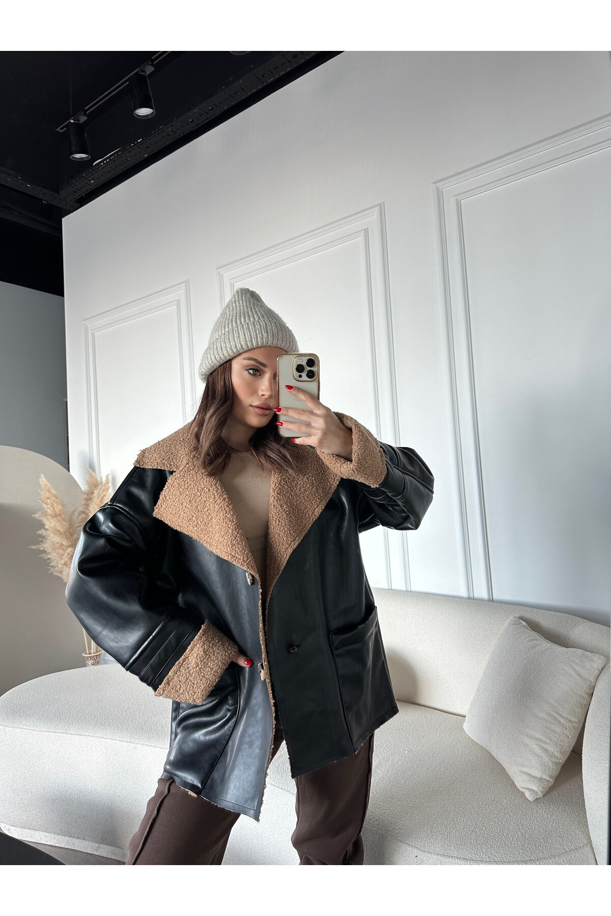 Kadın Oversize İçi Ful Teddy Kürklü Deri Kaban Siyah