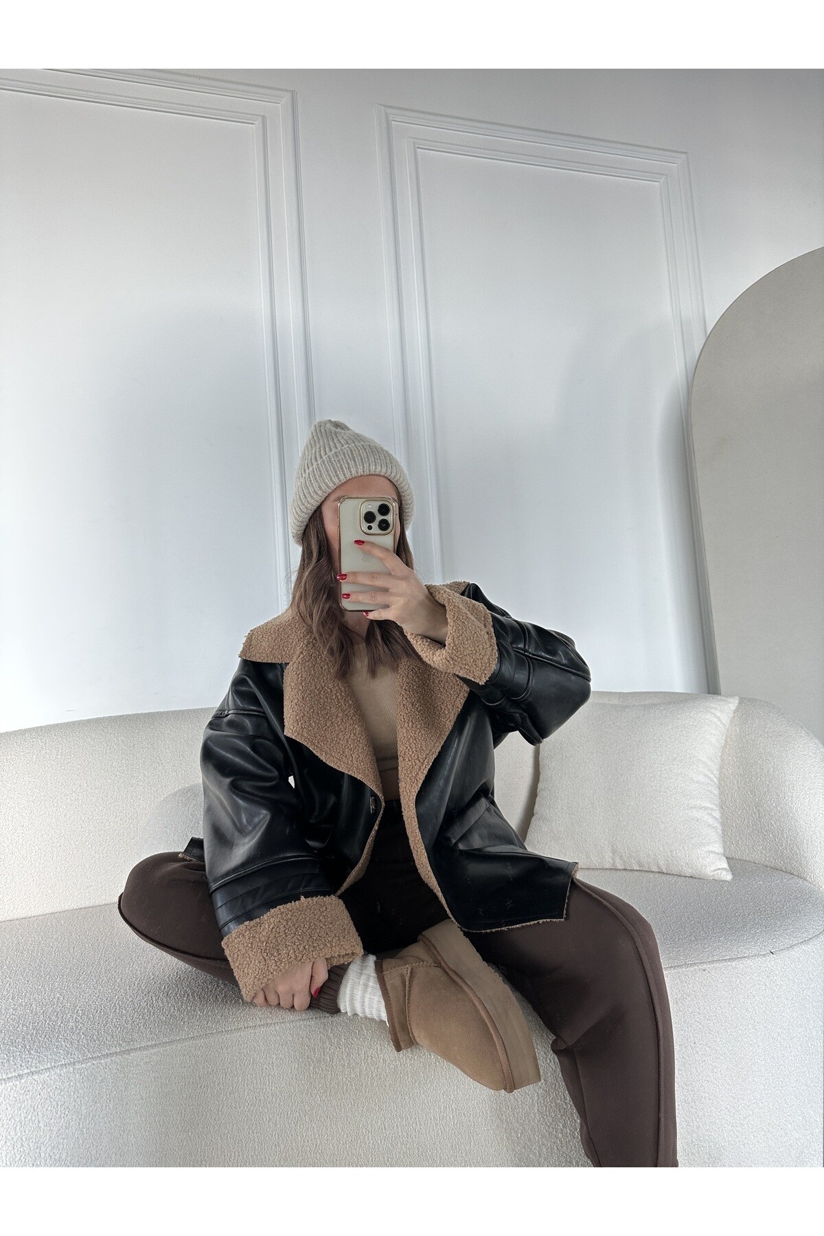 Kadın Oversize İçi Ful Teddy Kürklü Deri Kaban Siyah