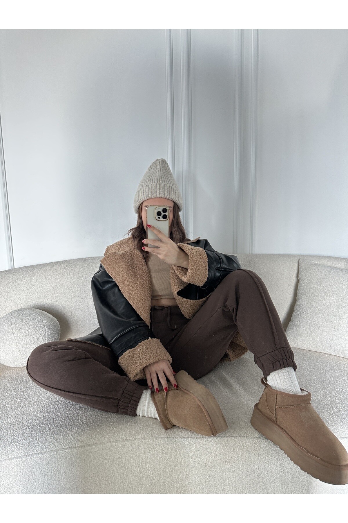 Kadın Oversize İçi Ful Teddy Kürklü Deri Kaban Siyah