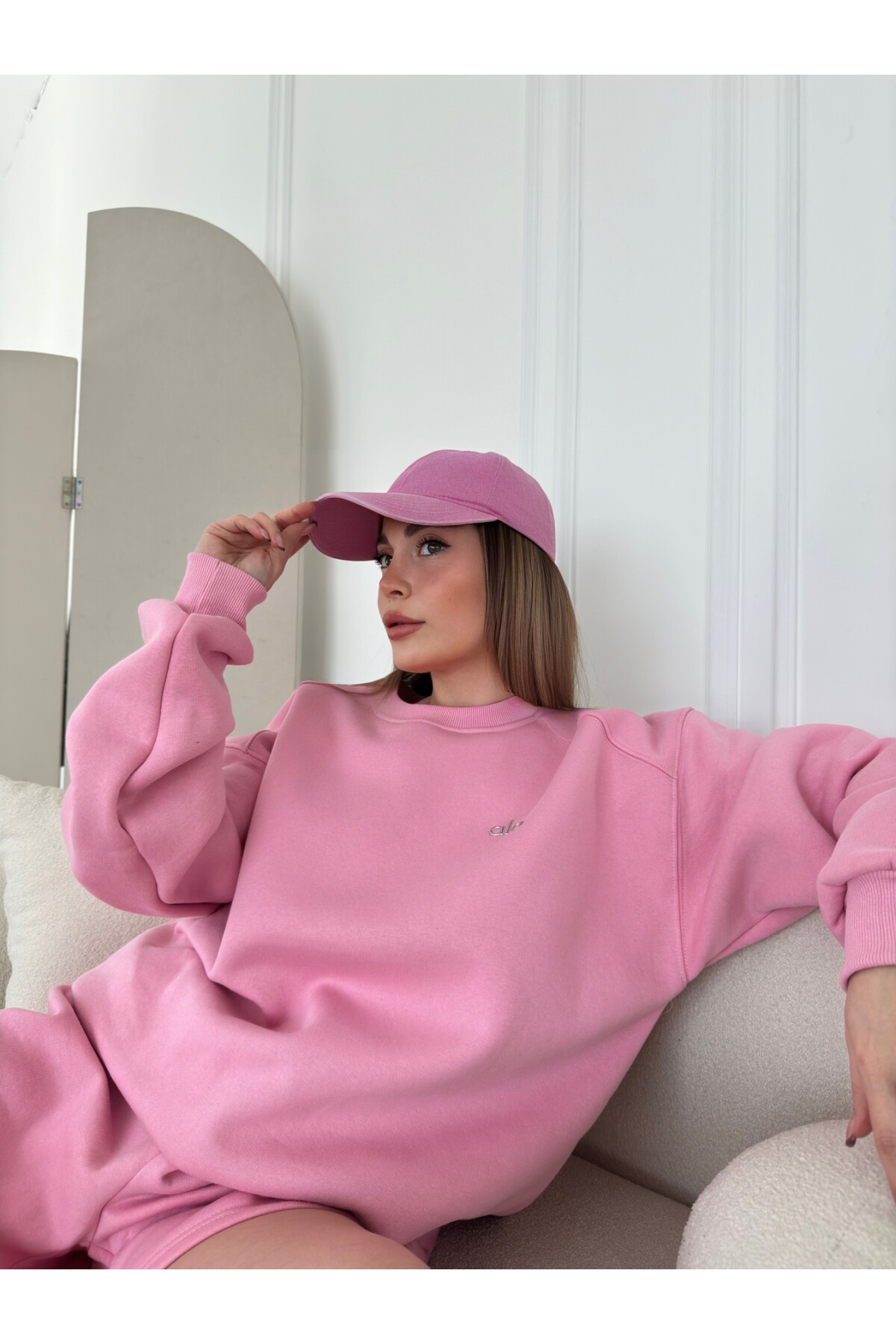 Kadın Pembe Marka Model Şortlu Sweat ikili takım