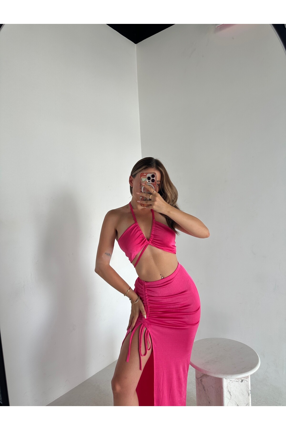 Kadın Pembe Pareo Büzgülü Etek Crop Top İkili Takım