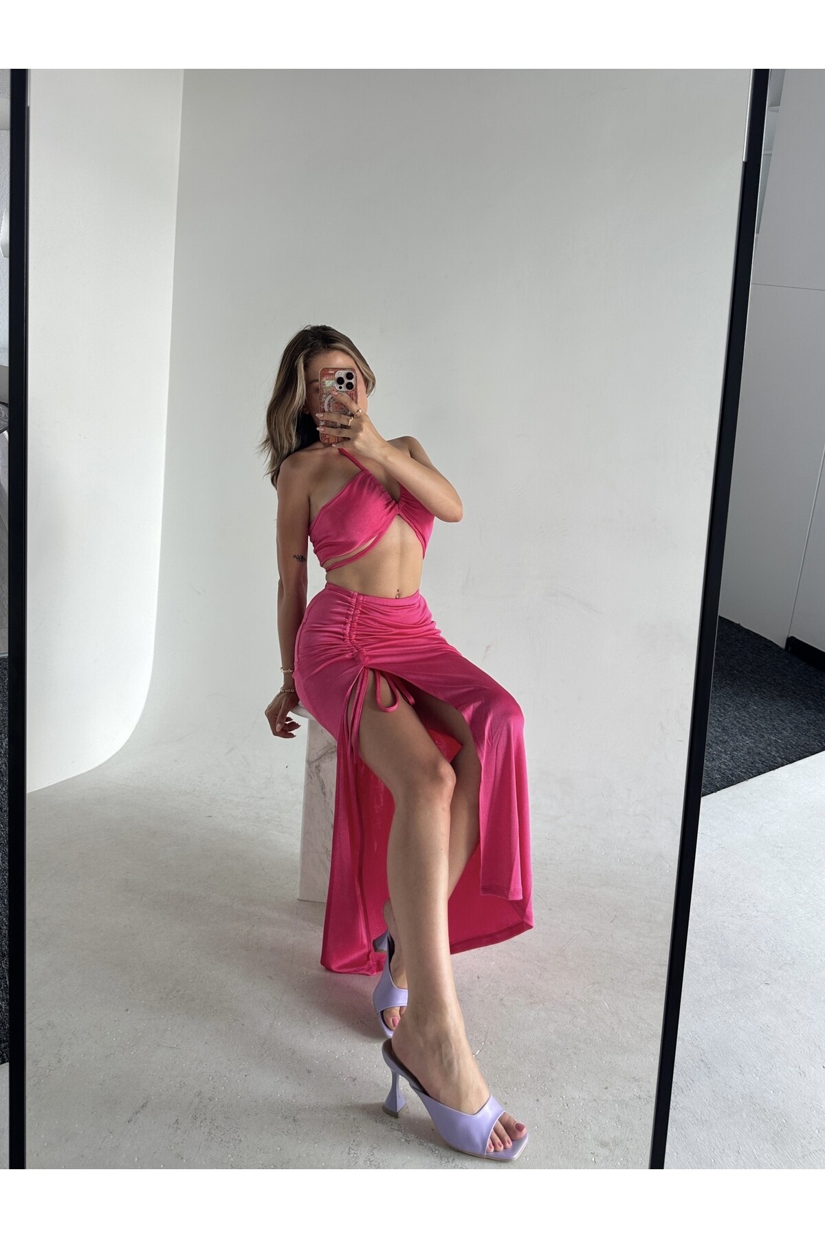 Kadın Pembe Pareo Büzgülü Etek Crop Top İkili Takım