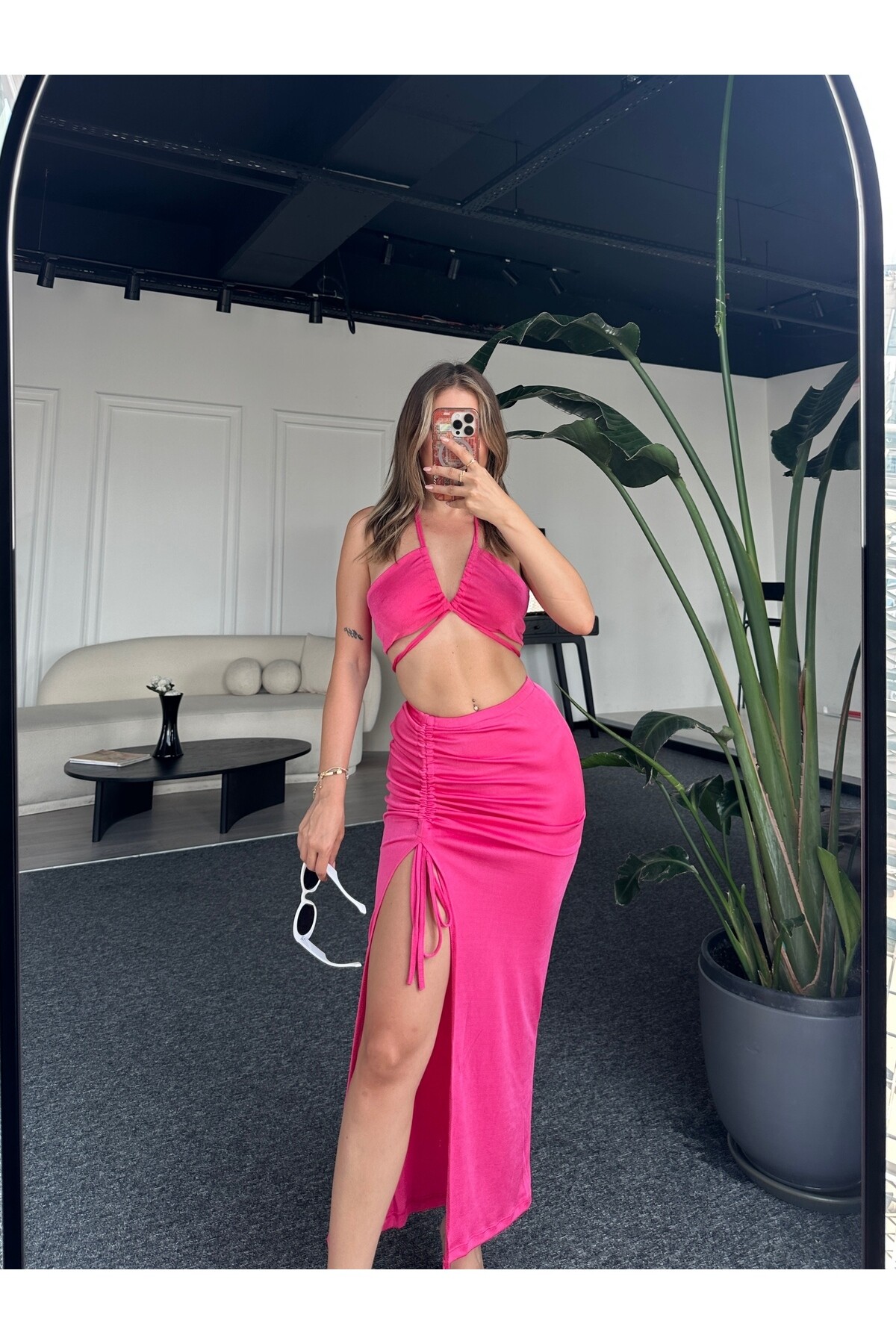 Kadın Pembe Pareo Büzgülü Etek Crop Top İkili Takım