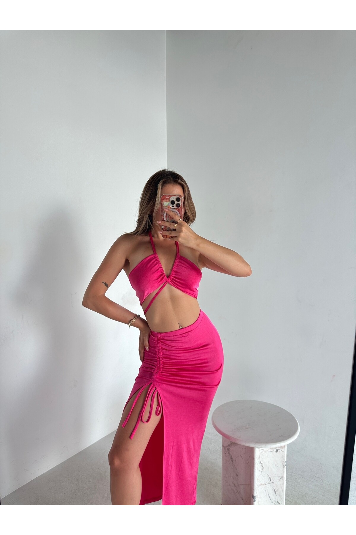 Kadın Pembe Pareo Büzgülü Etek Crop Top İkili Takım