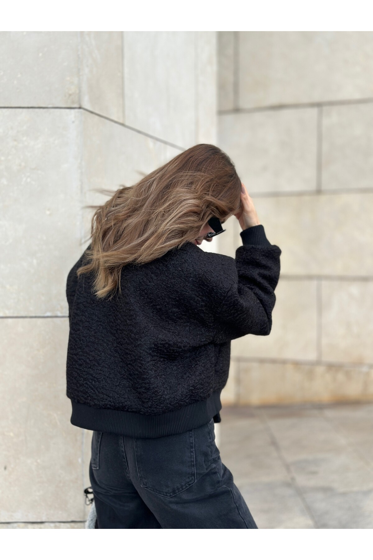 Kadın Siyah Astarlı Kaşe Kumaş Cepli Buklet Bomber Ceket