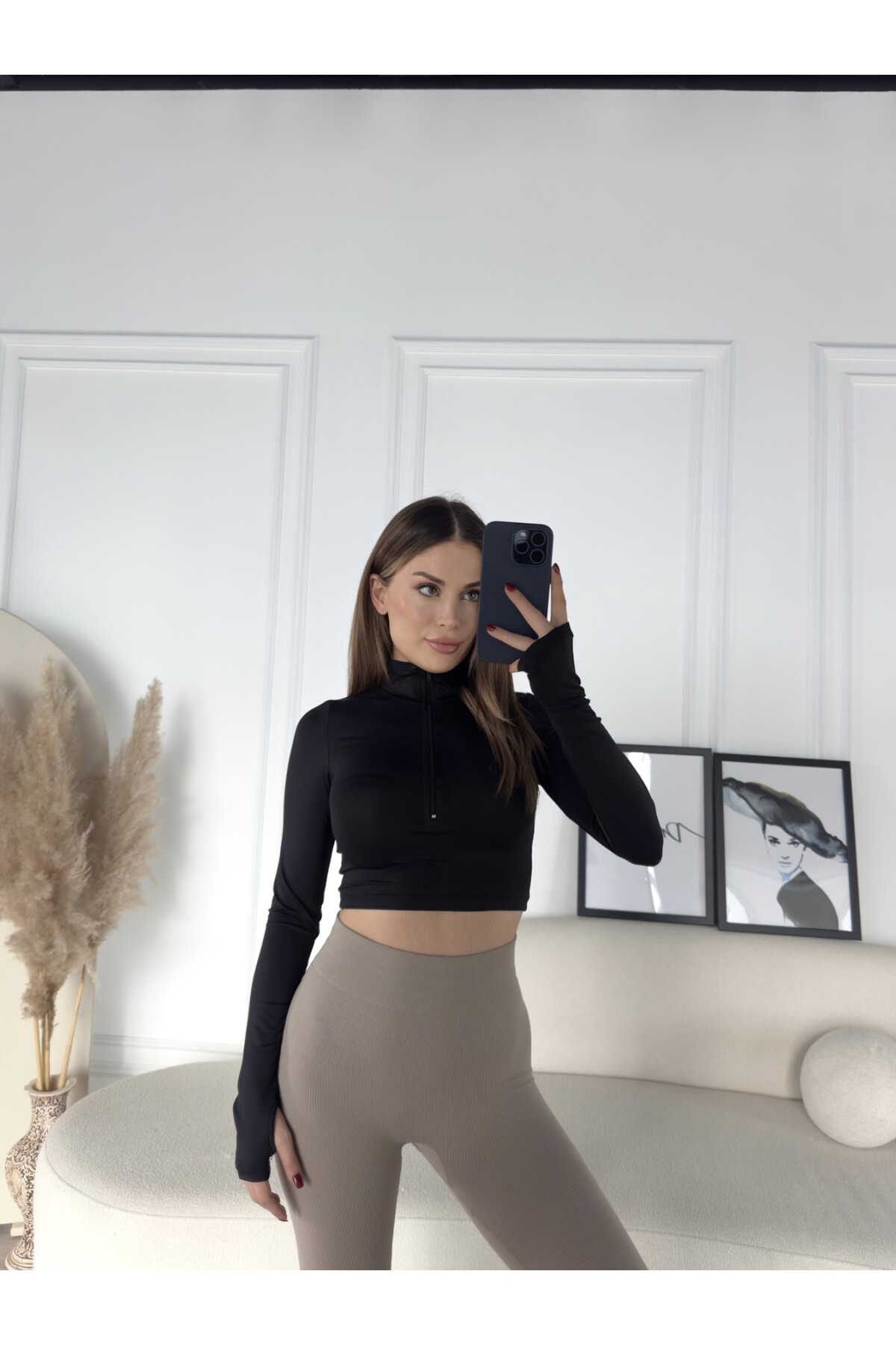 Kadın Siyah Dalgıç Parmak Geçmeli Crop Büstiyer