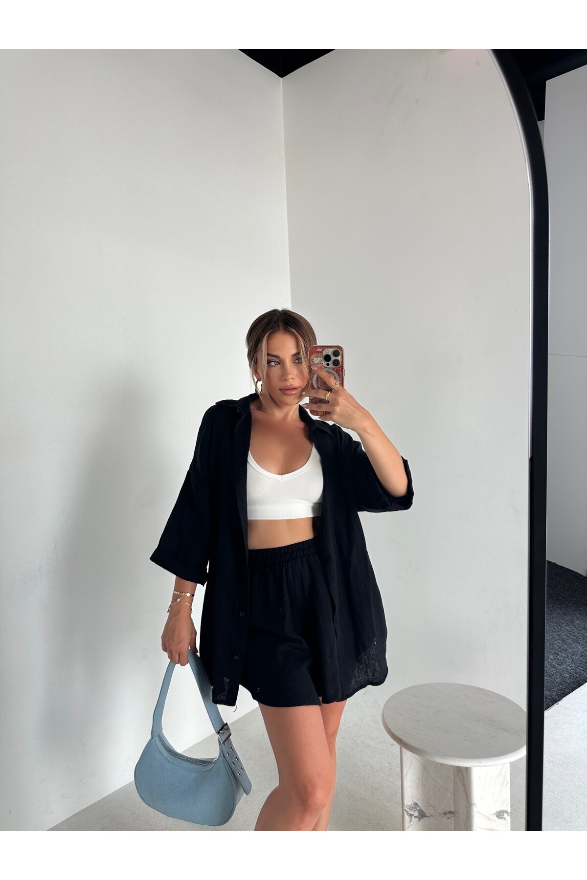 Kadın Siyah Keten Gömlek Şort İkili Takım