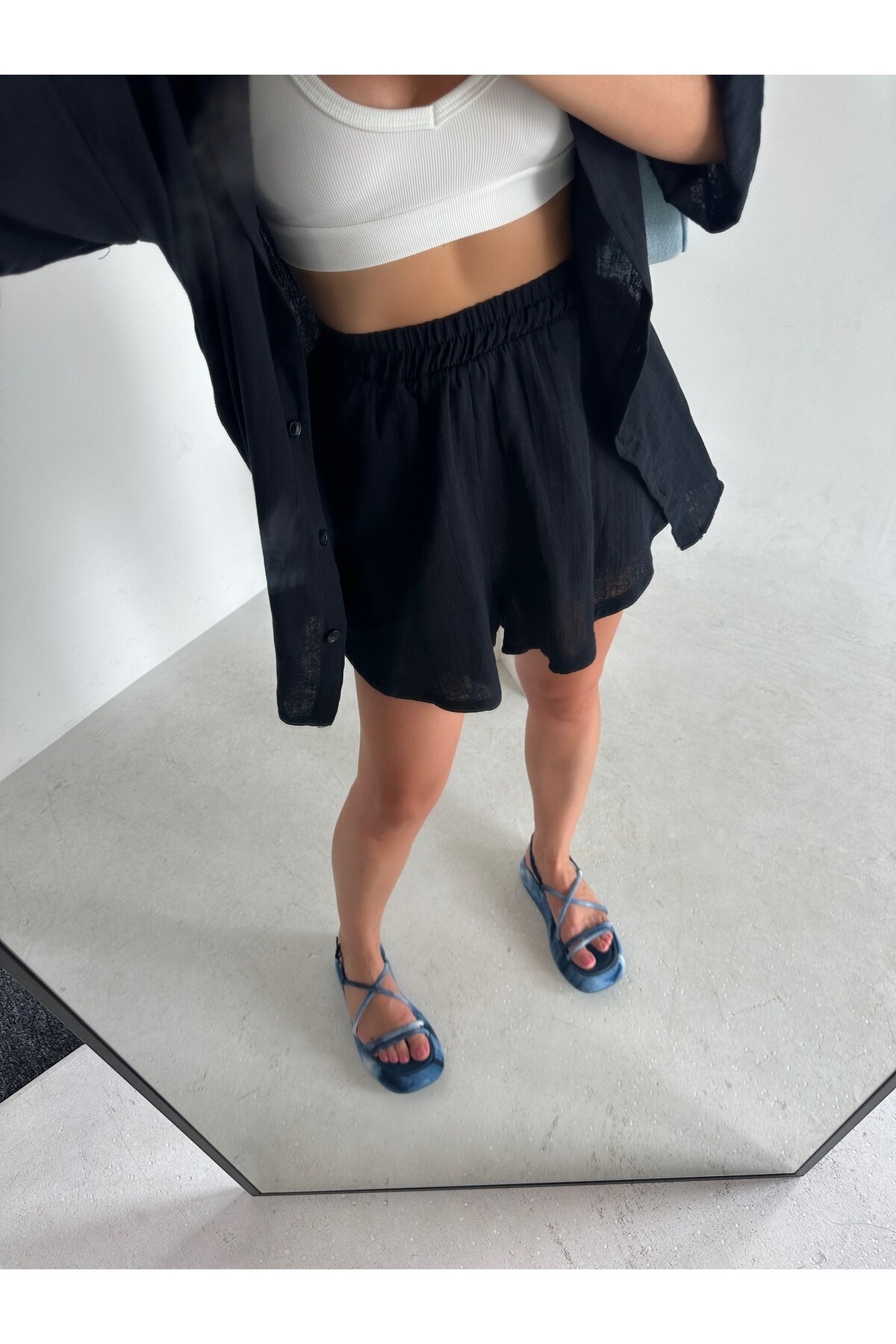 Kadın Siyah Keten Gömlek Şort İkili Takım