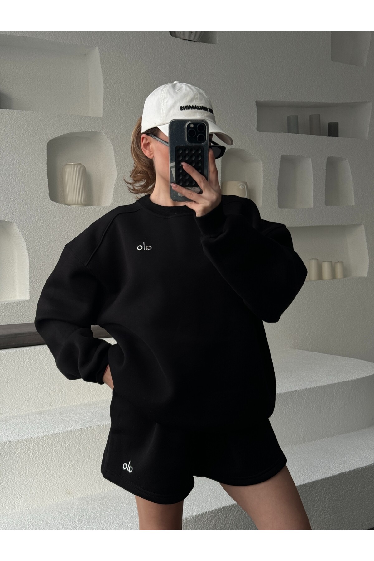 Kadın Siyah Marka Model Şortlu Sweat ikili takım