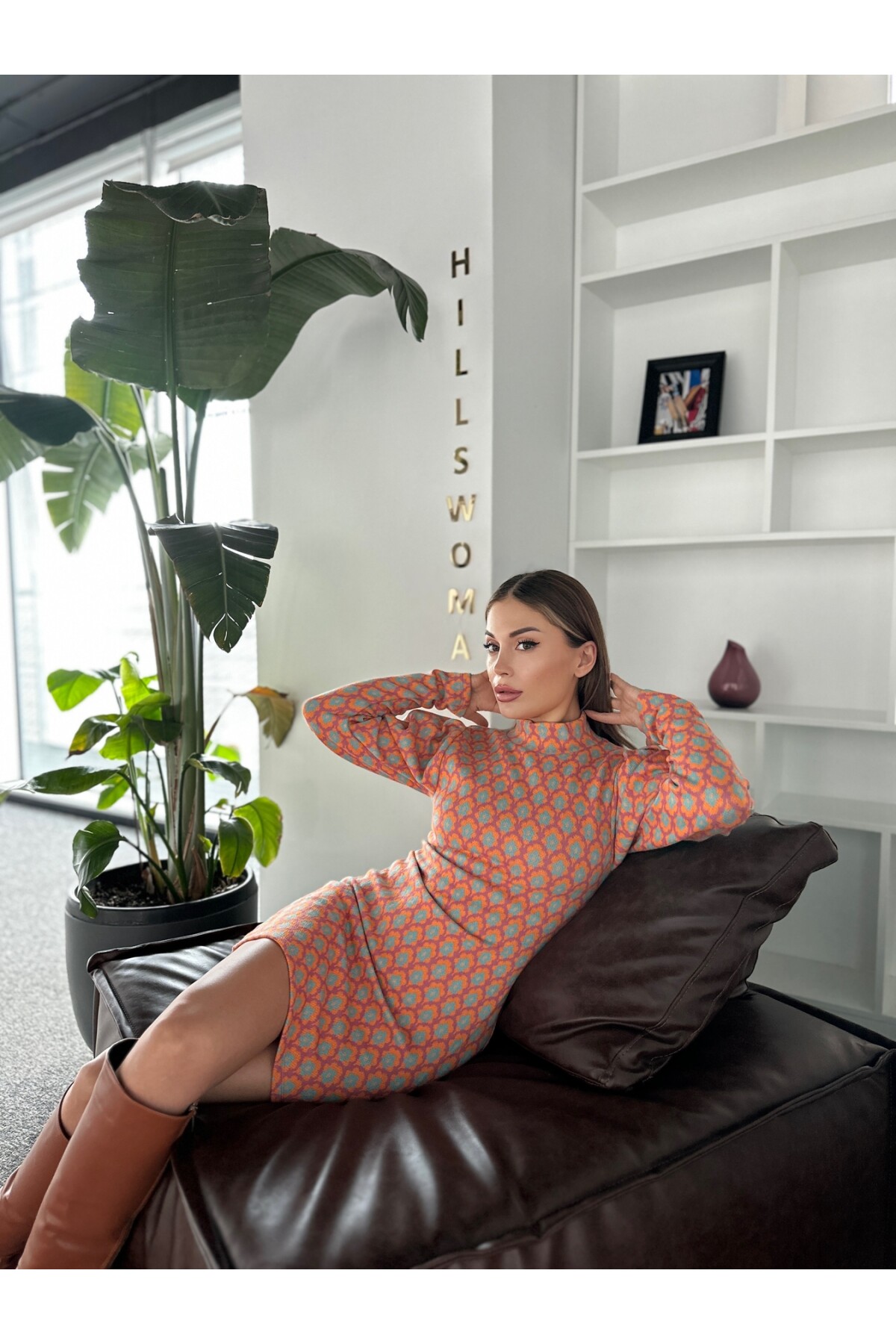 Kadın Orjinal Marka Etiketli Desenli Volanlı Kol Triko Örme Elbise