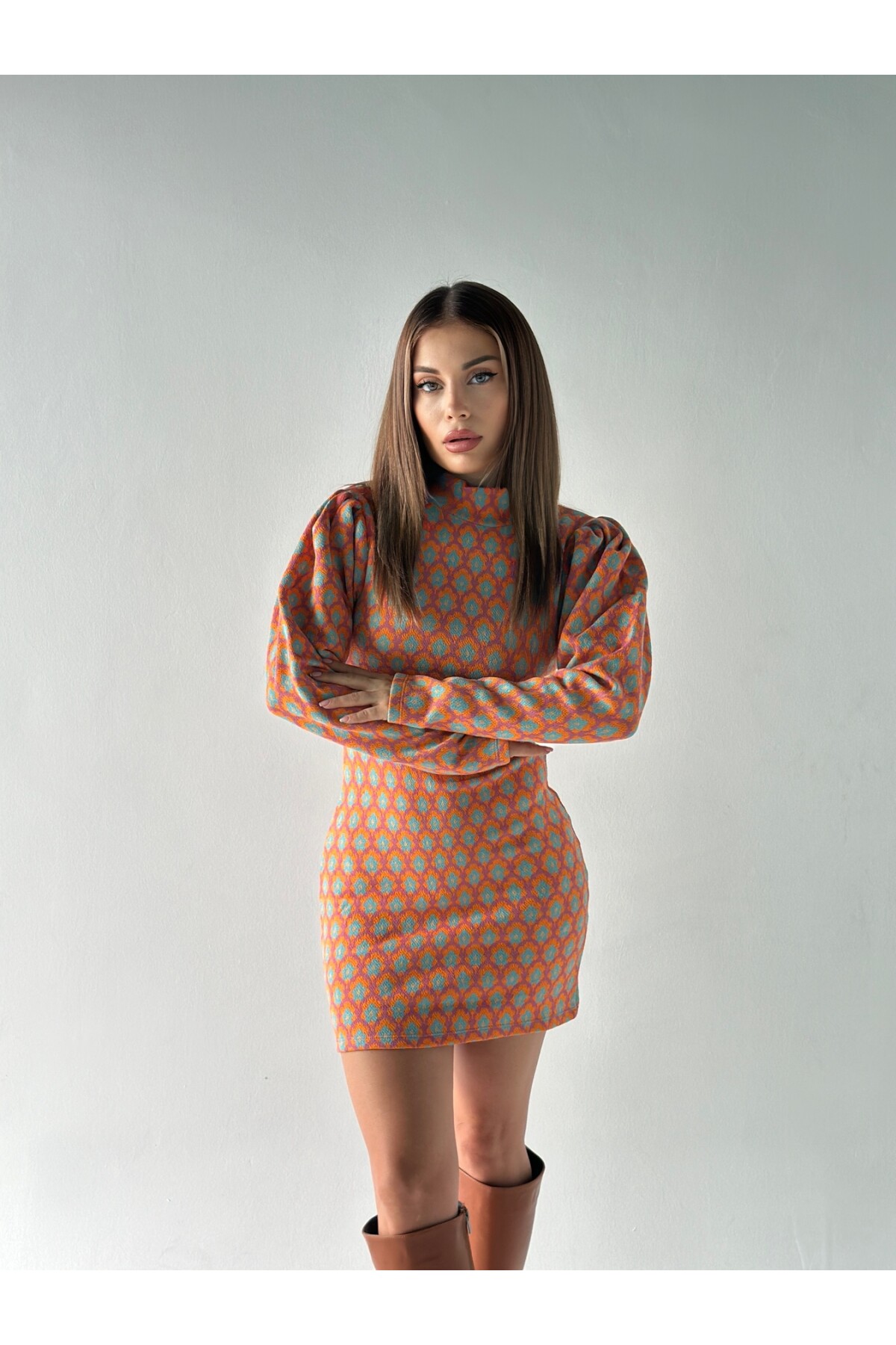 Kadın Orjinal Marka Etiketli Desenli Volanlı Kol Triko Örme Elbise