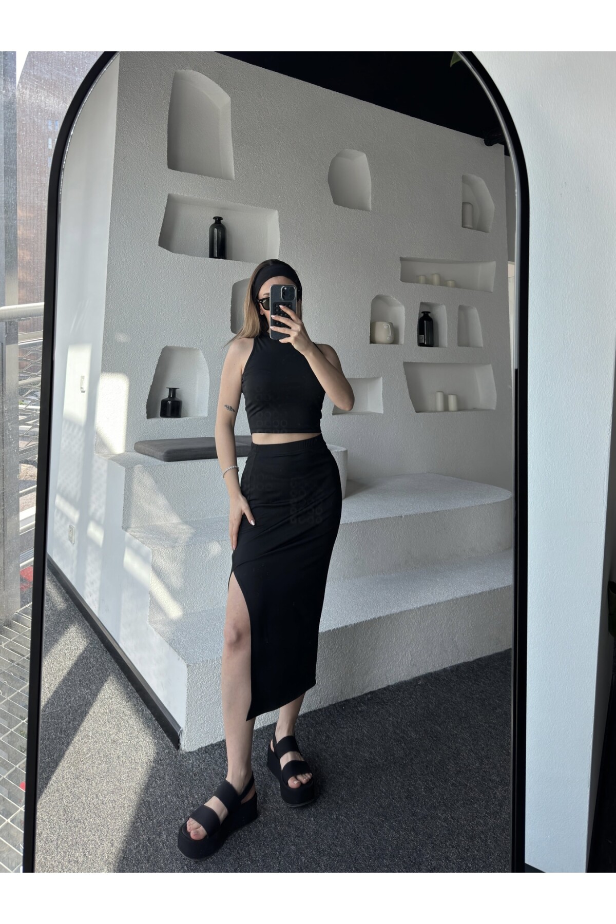 Kadın Siyah Sandy Dalgıç Kumaş Alt Üst Yırtmaç Etek Crop Takım