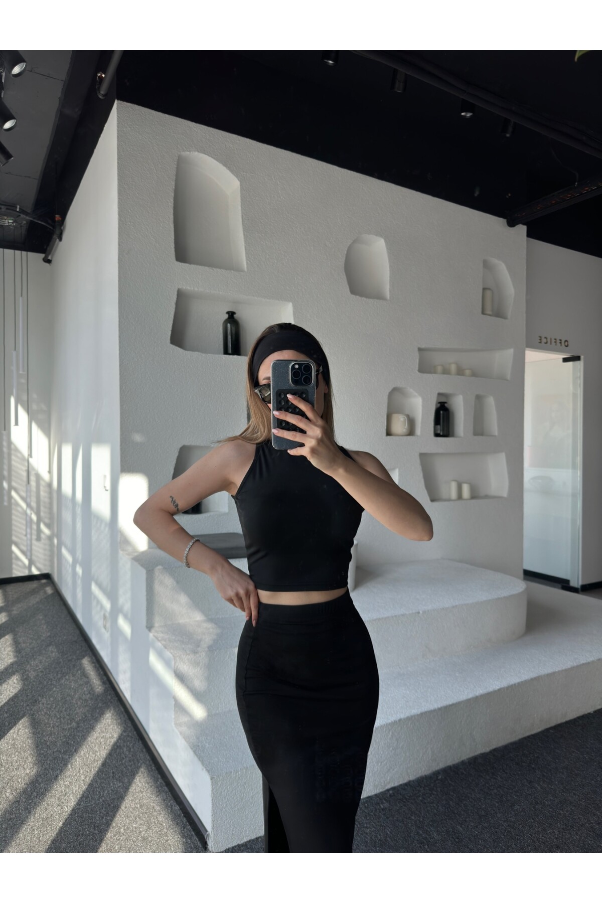 Kadın Siyah Sandy Dalgıç Kumaş Alt Üst Yırtmaç Etek Crop Takım