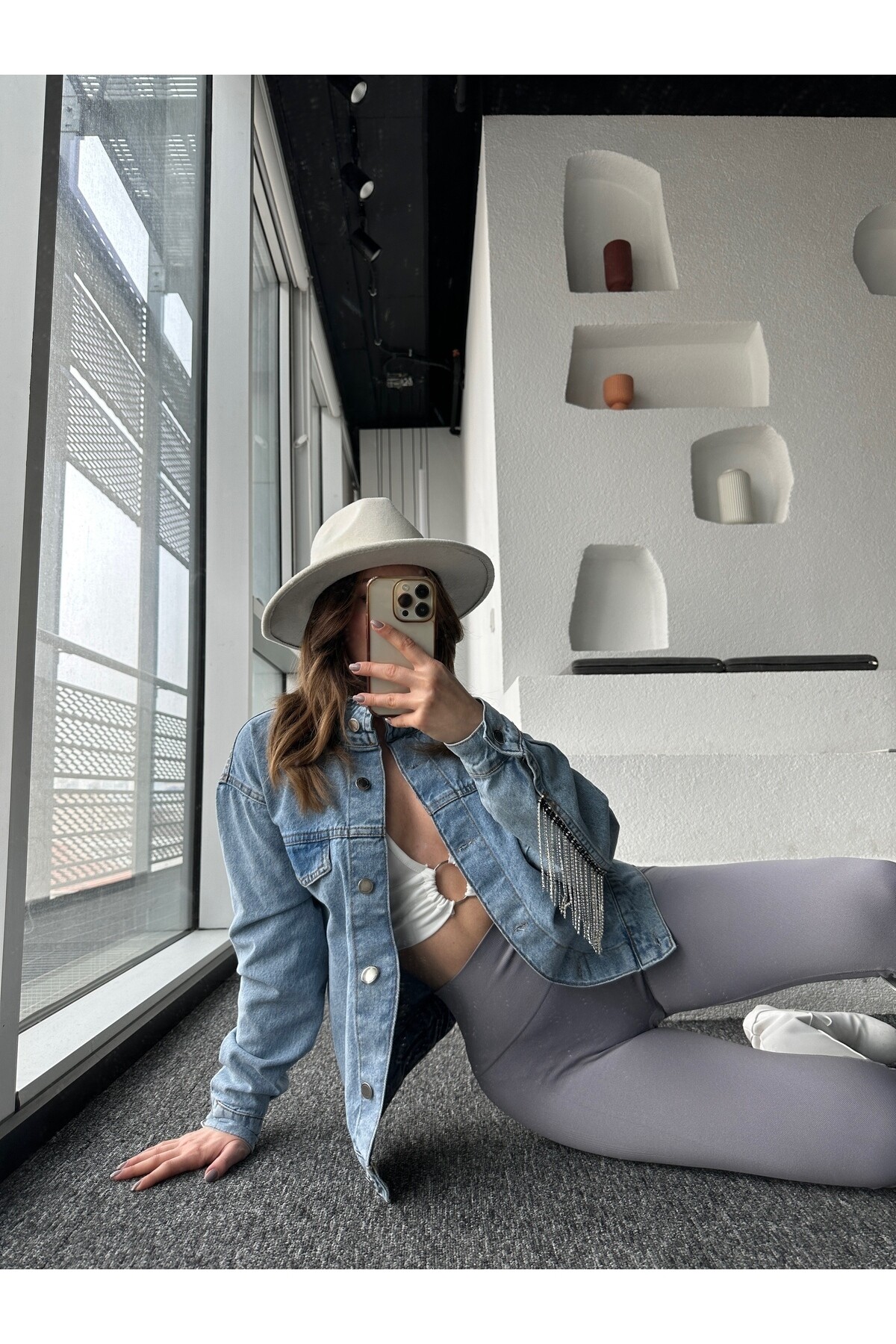 Kadın Taş Püskül Detaylı Denim Kot Ceket  Mavi