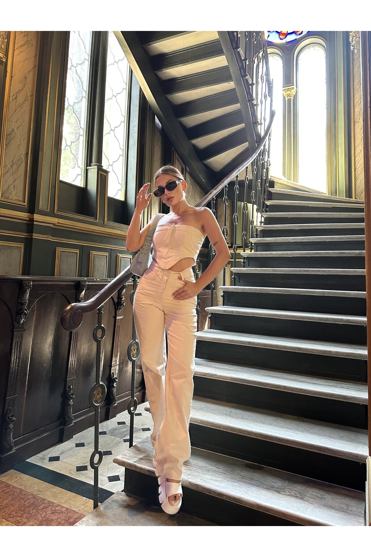 Kadın Taş Rengi Straplez Yüksek Bel Jean Takım