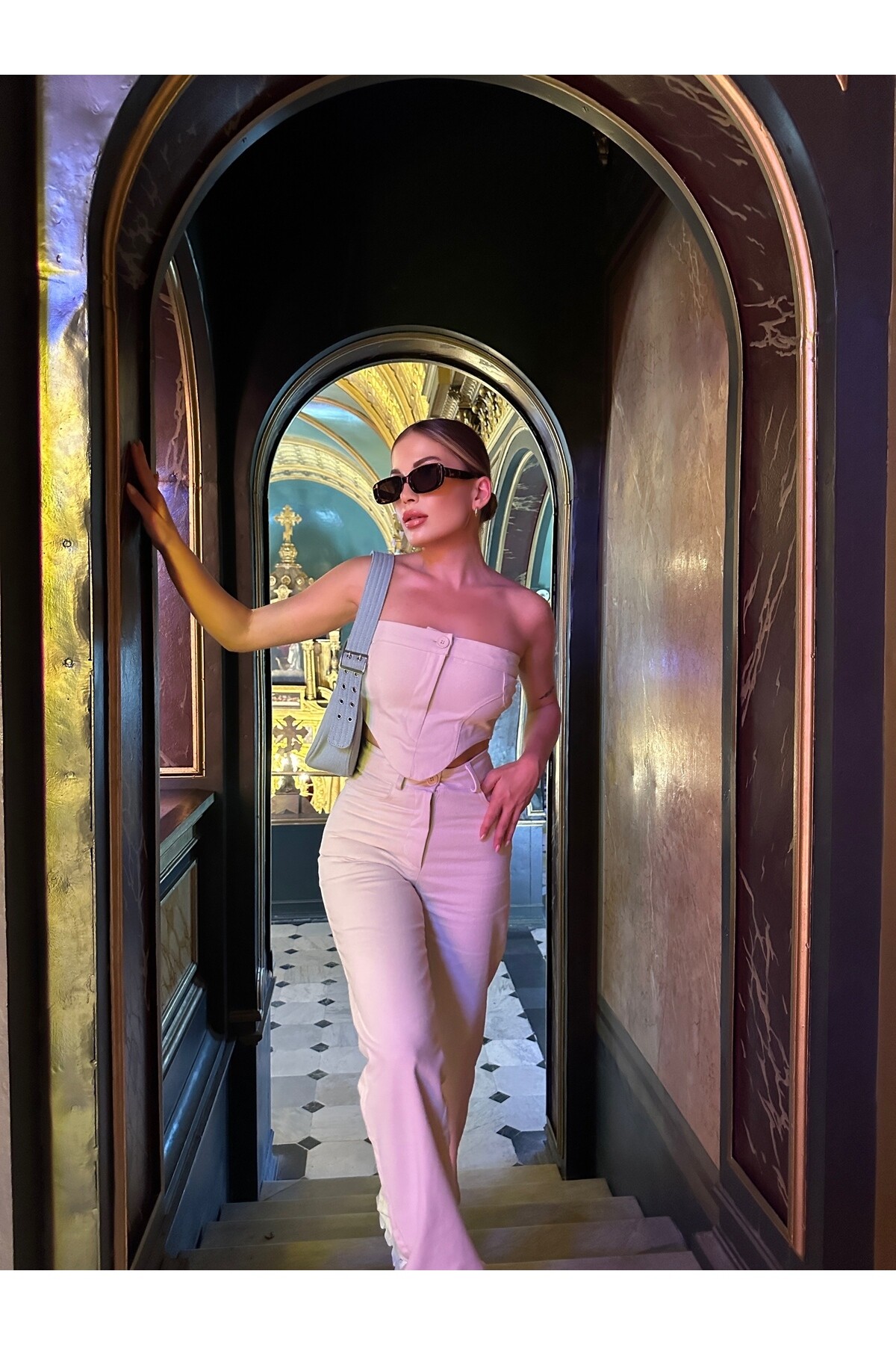 Kadın Taş Rengi Straplez Yüksek Bel Jean Takım