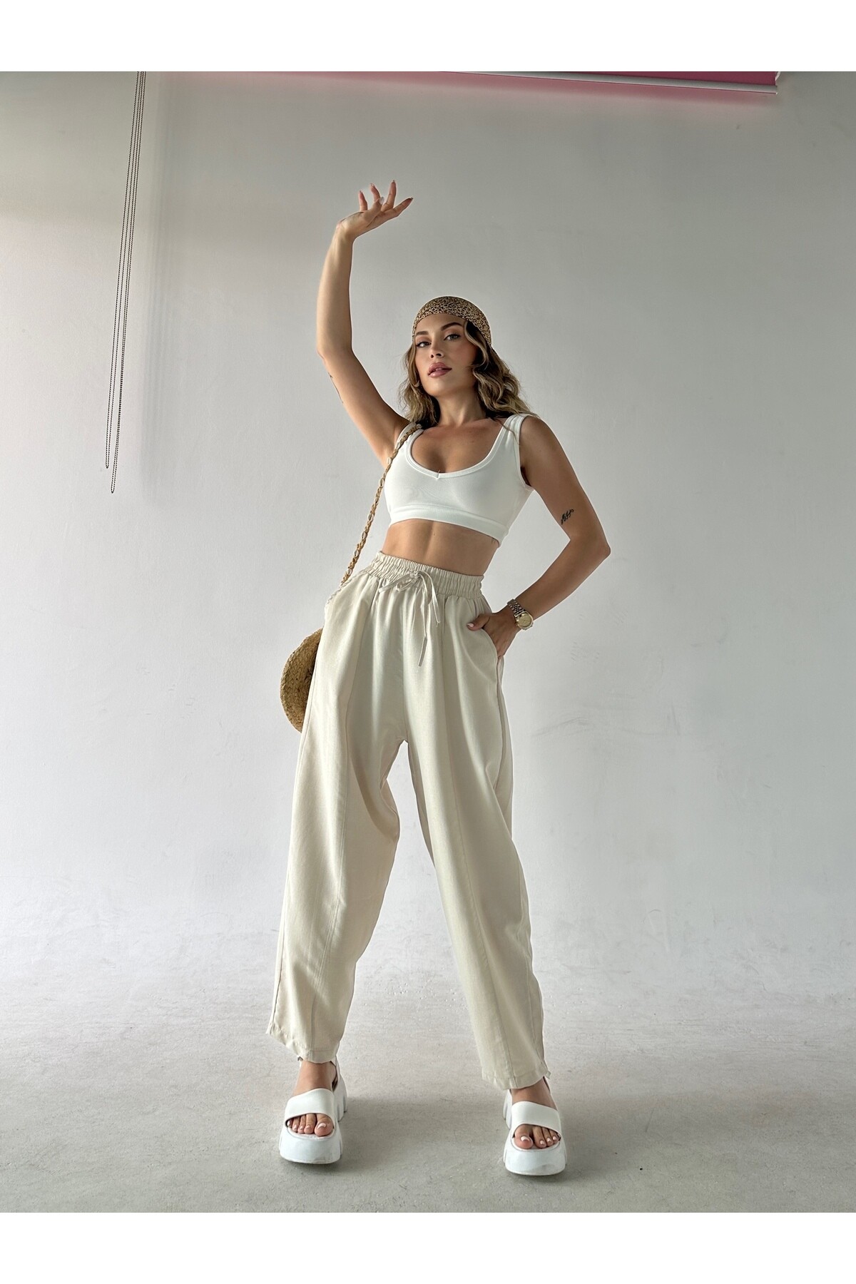 Kadın Taş Rengi Yüksek Bel Keten Şalvar Pantolon