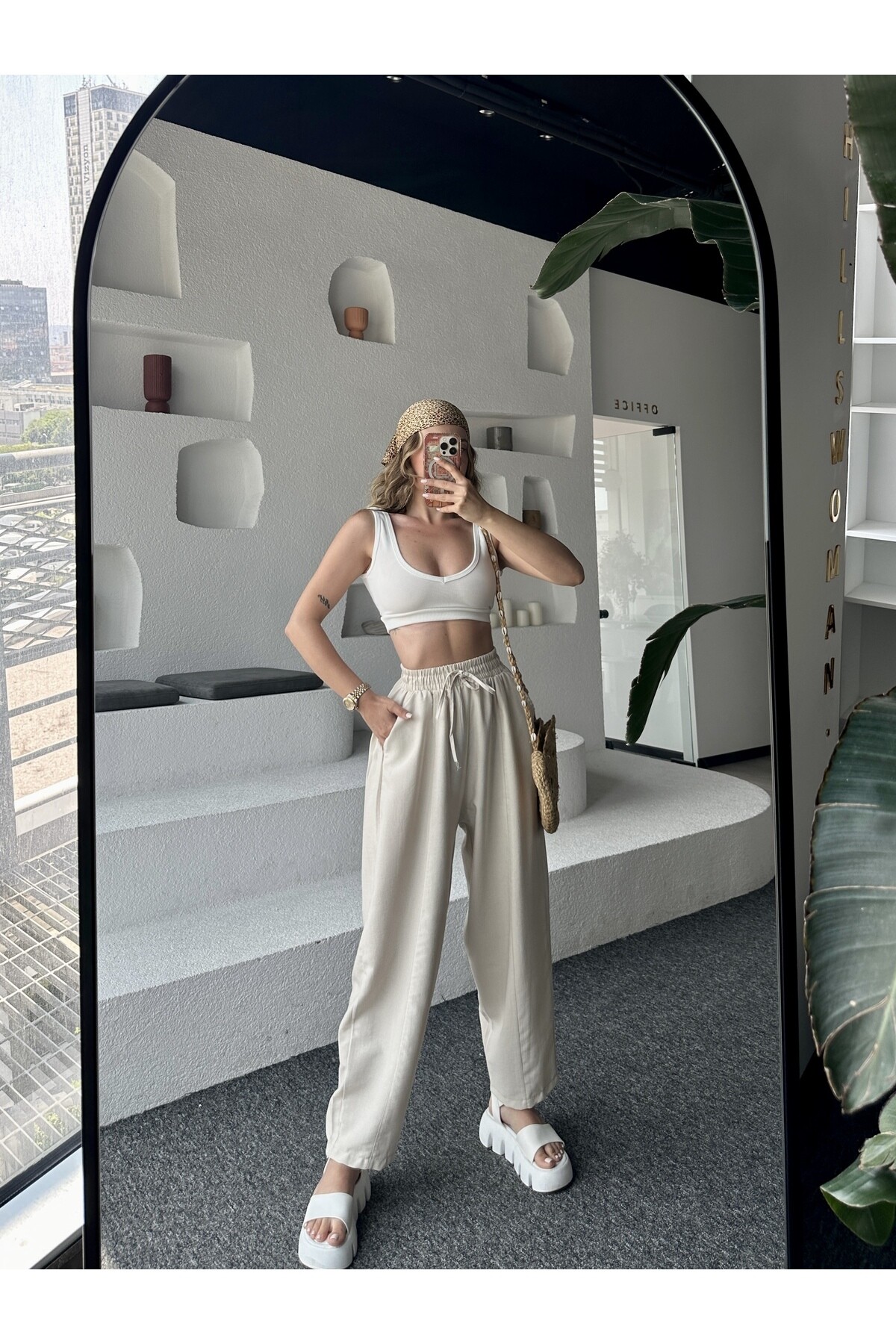 Kadın Taş Rengi Yüksek Bel Keten Şalvar Pantolon