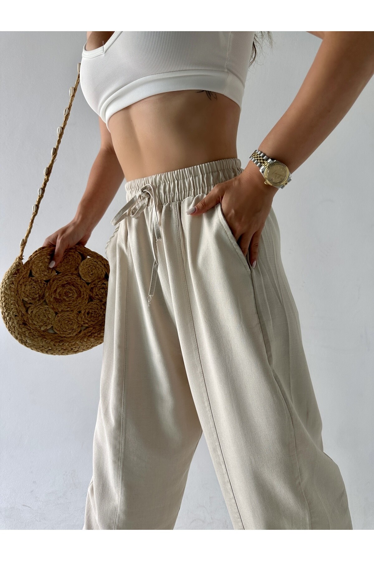 Kadın Taş Rengi Yüksek Bel Keten Şalvar Pantolon