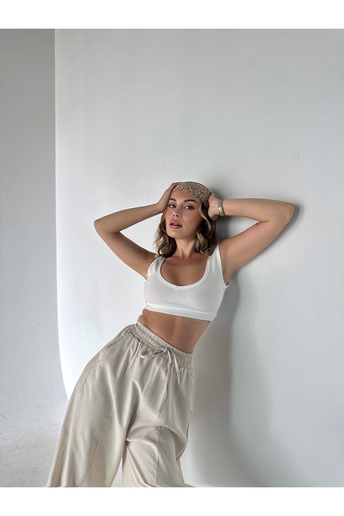 Kadın Taş Rengi Yüksek Bel Keten Şalvar Pantolon