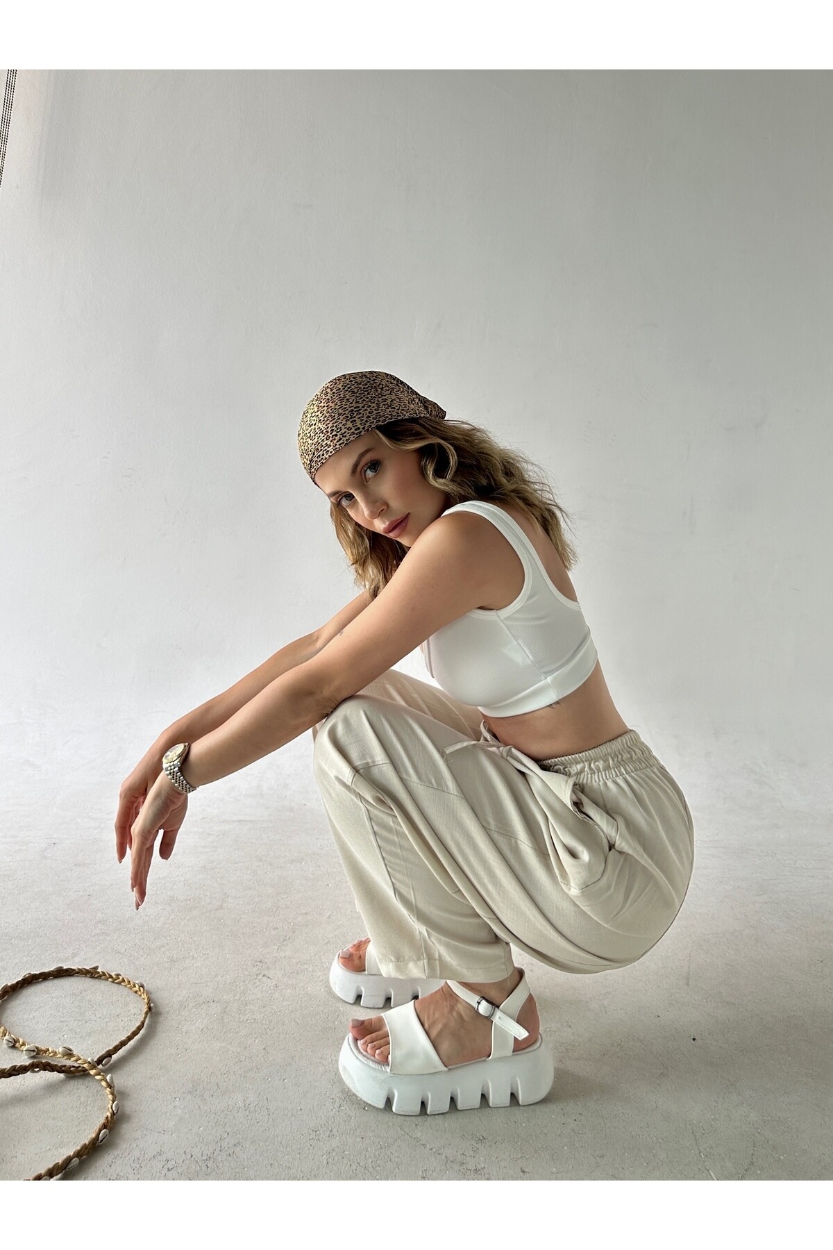 Kadın Taş Rengi Yüksek Bel Keten Şalvar Pantolon