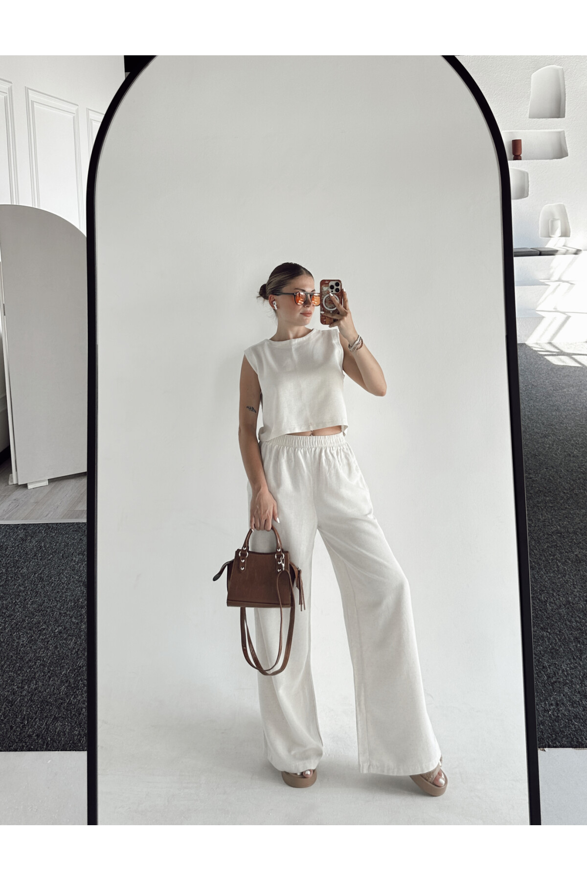 Kadın Taş Yüksek Bel Palazzo Pantolon Alt Üst Takım