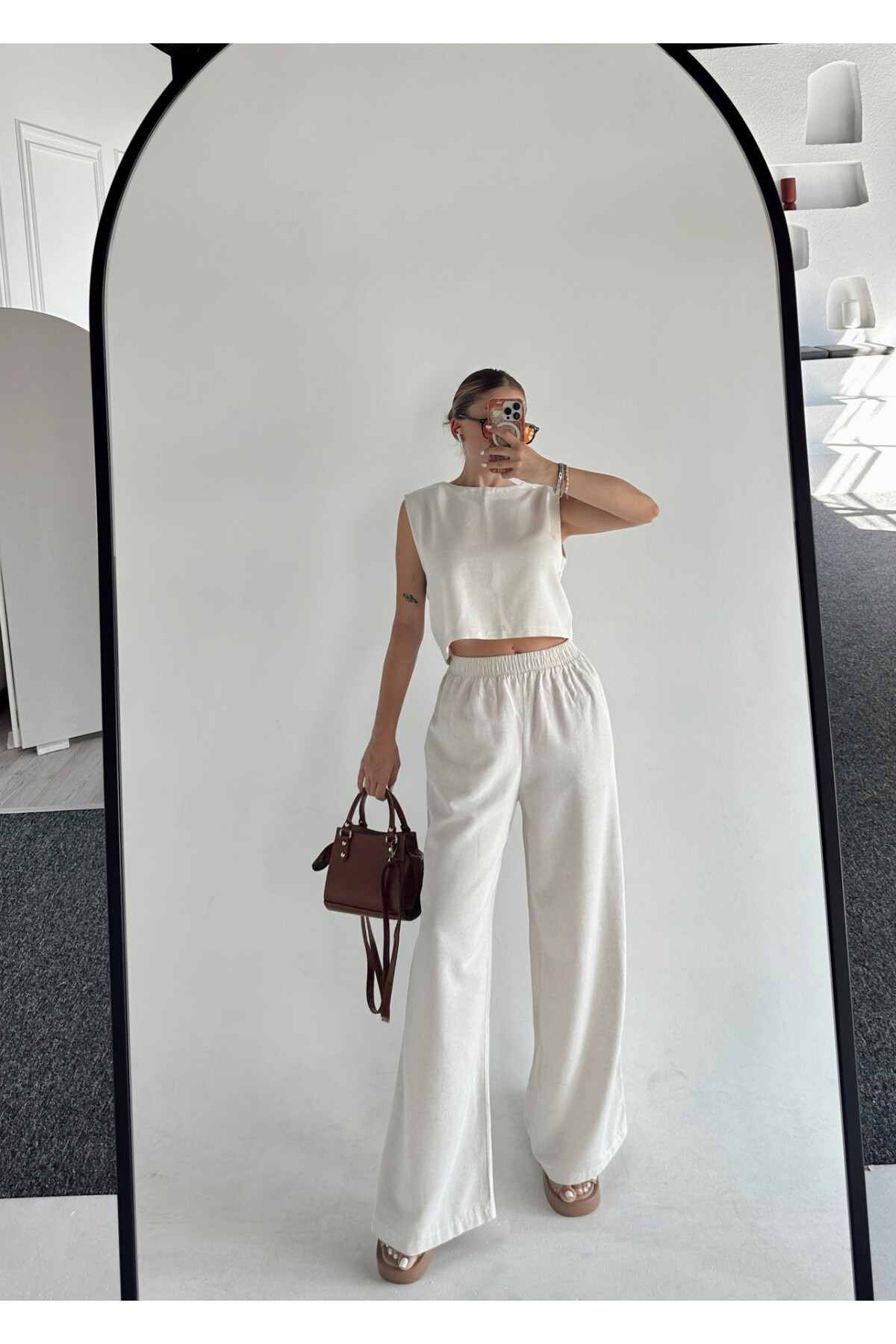 Kadın Taş Yüksek Bel Palazzo Pantolon Alt Üst Takım