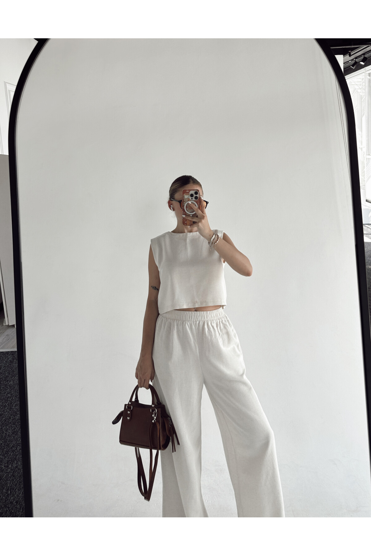 Kadın Taş Yüksek Bel Palazzo Pantolon Alt Üst Takım