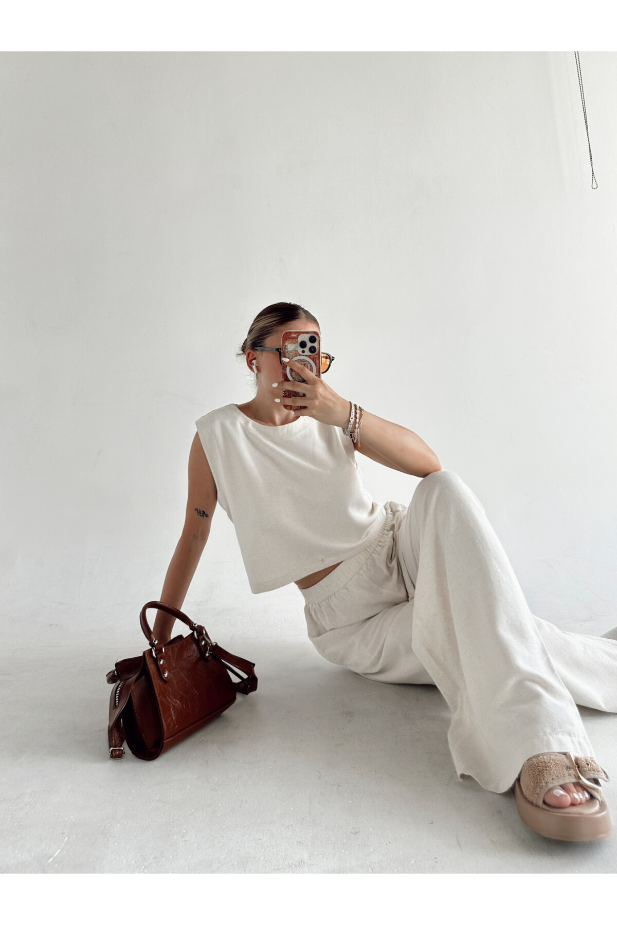 Kadın Taş Yüksek Bel Palazzo Pantolon Alt Üst Takım