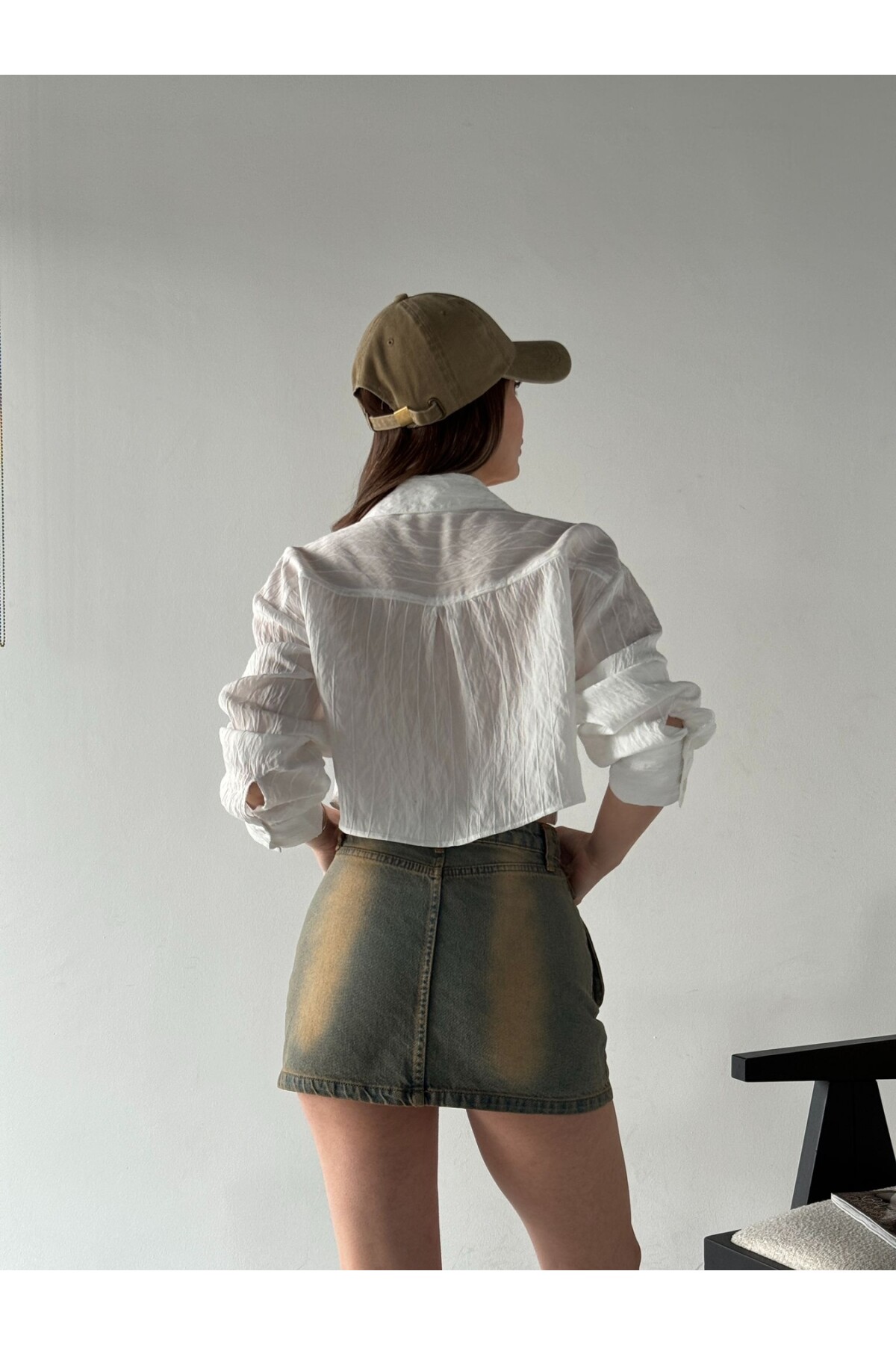 Kadın Vintage Eskitme Denim Kargo Cepli Mini Etek