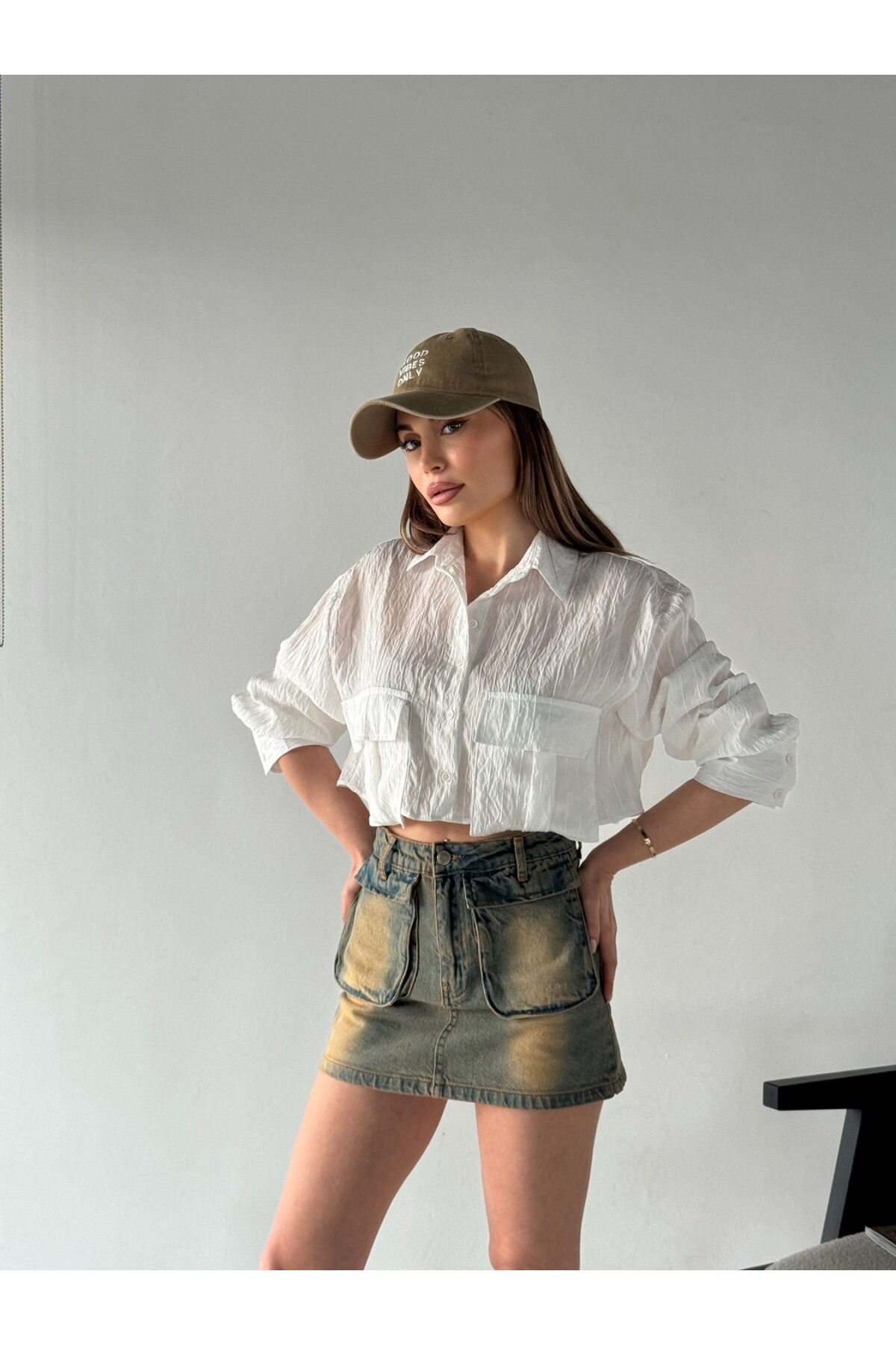 Kadın Vintage Eskitme Denim Kargo Cepli Mini Etek