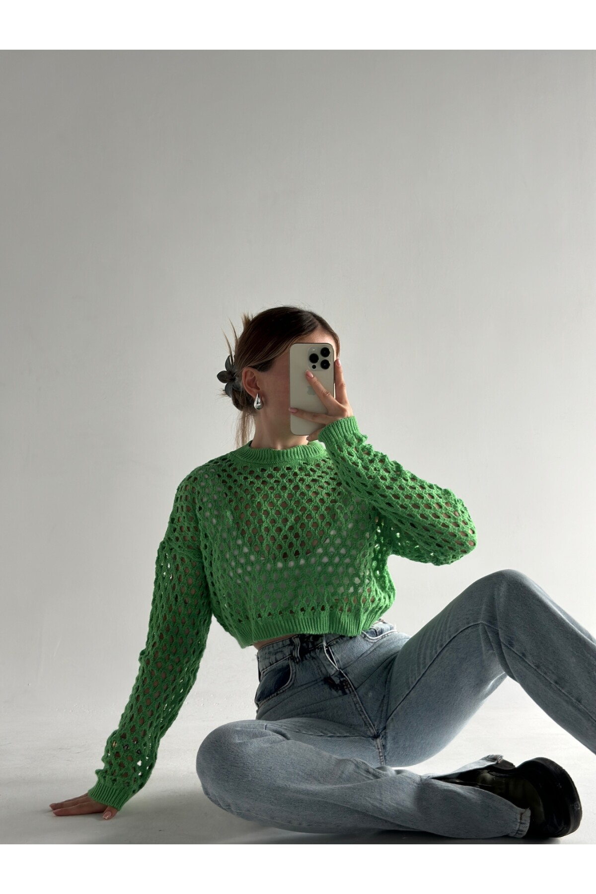 Kadın Yeşil Bisiklet Yaka Ajurlu Triko Crop Bluz