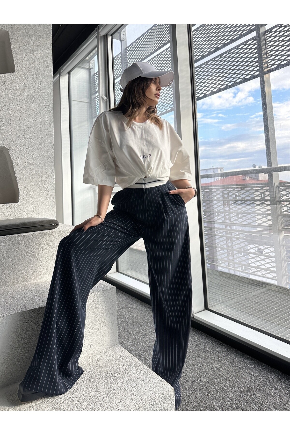 Kadın Yüksek Bel Şeritli Çizgili Palazzo Pantolon  Lacivert