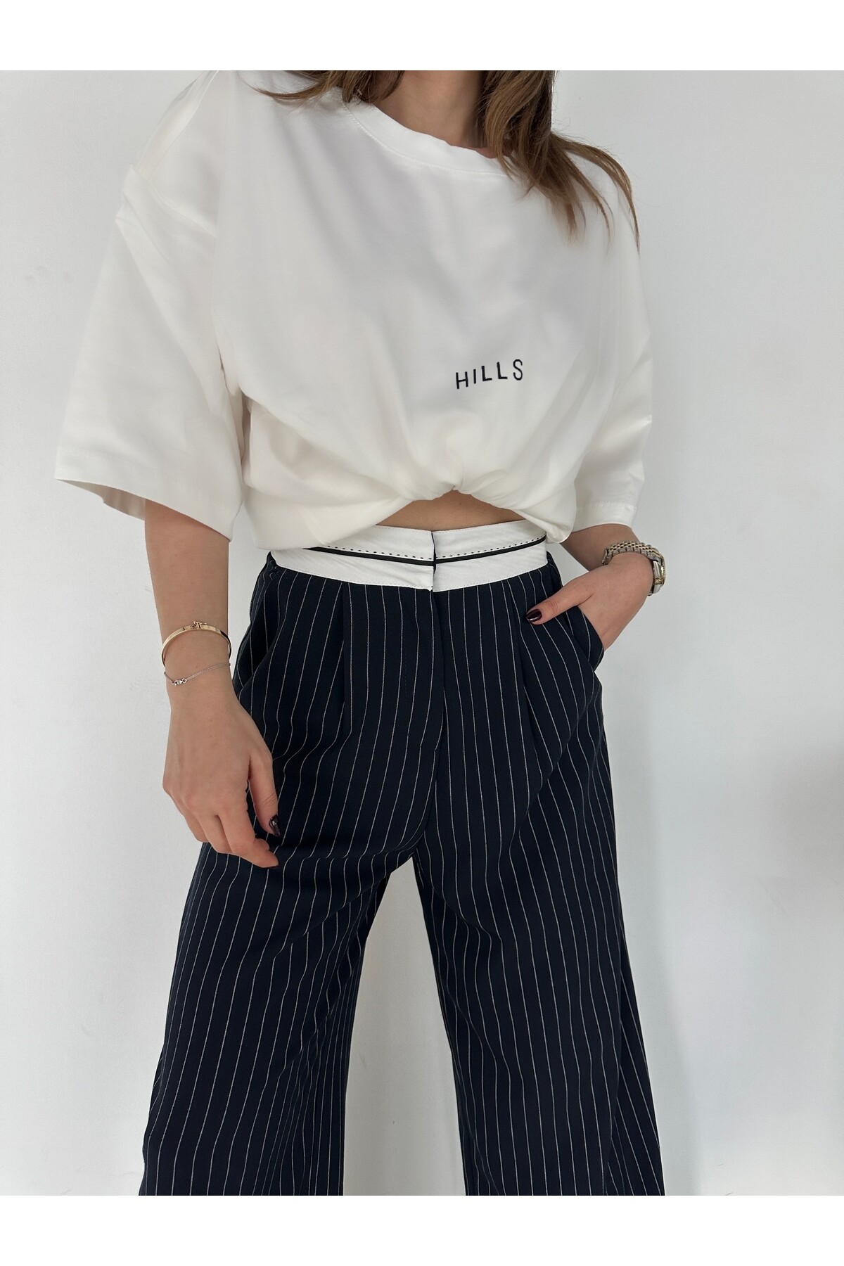 Kadın Yüksek Bel Şeritli Çizgili Palazzo Pantolon  Lacivert