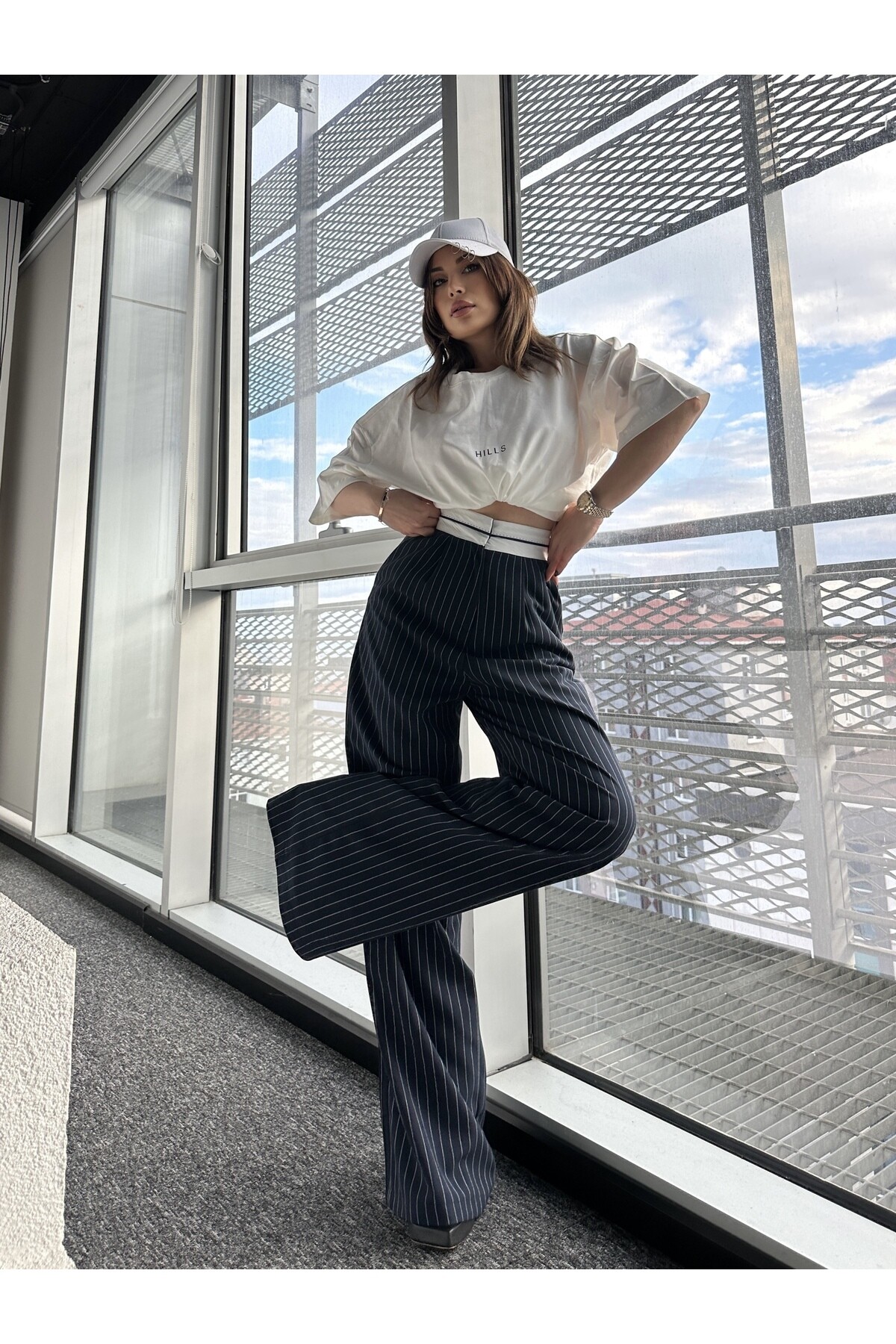 Kadın Yüksek Bel Şeritli Çizgili Palazzo Pantolon  Lacivert