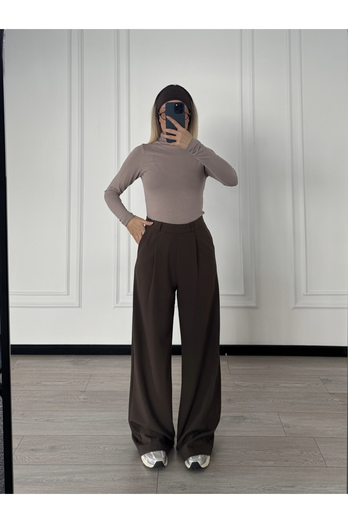 Kahverengi Poliviskon Kumaş Pileli Palazzo Kesim Pantolon