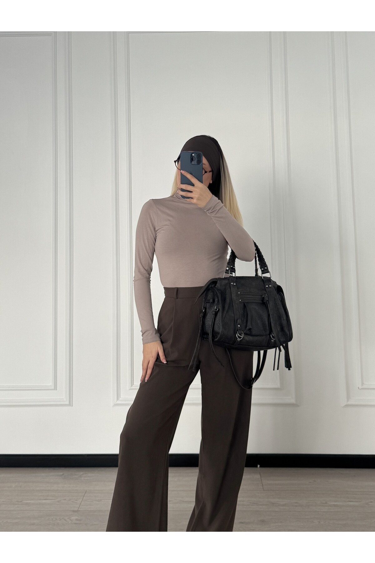 Kahverengi Poliviskon Kumaş Pileli Palazzo Kesim Pantolon