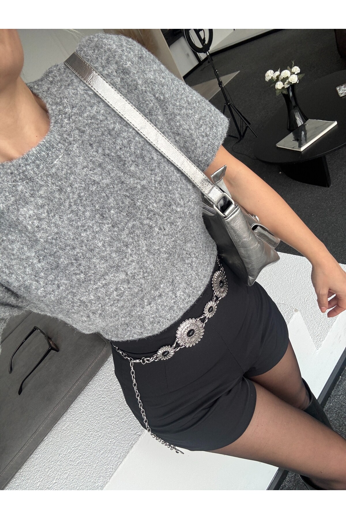 Marka model gri şardonlu tiftik karışımlı kazak