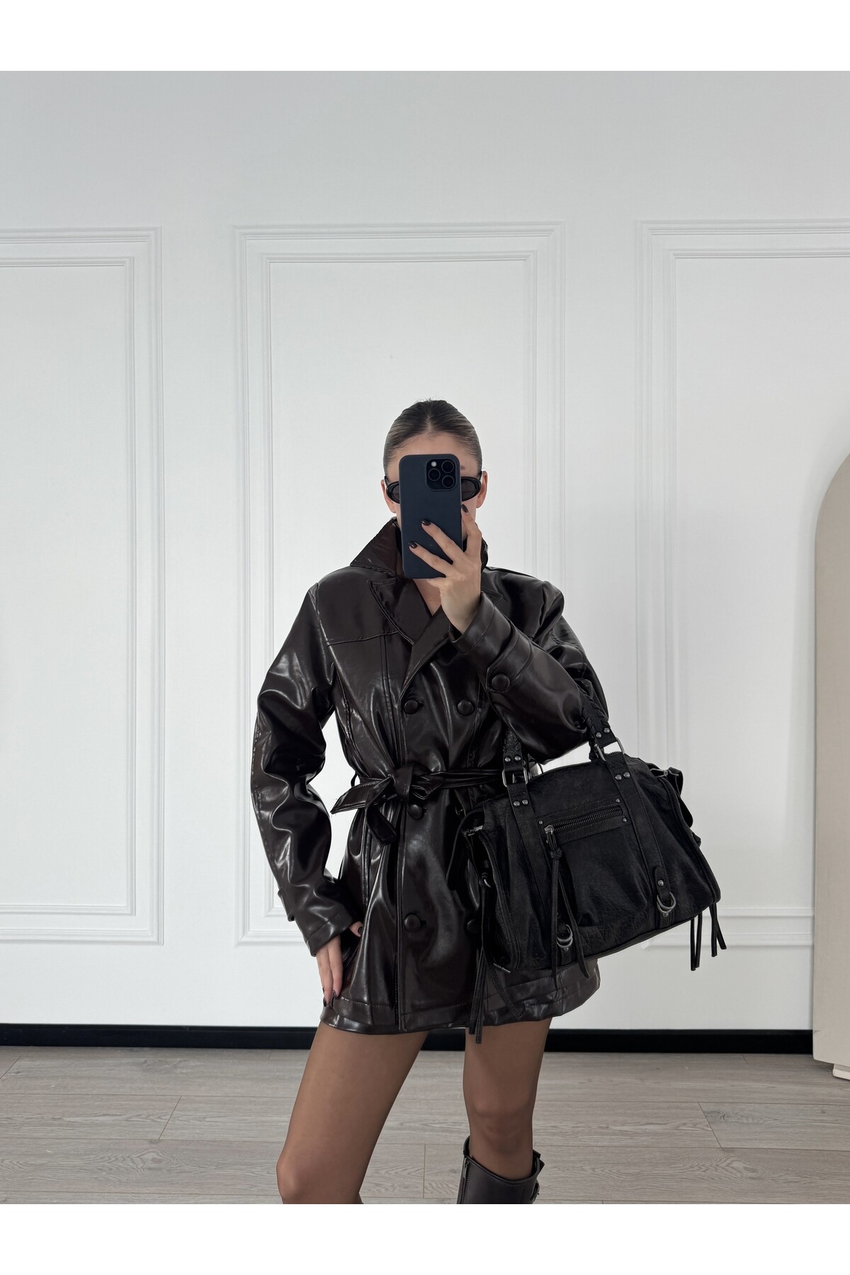 Parlak Acı Kahve Deri Ceket Etek Takım